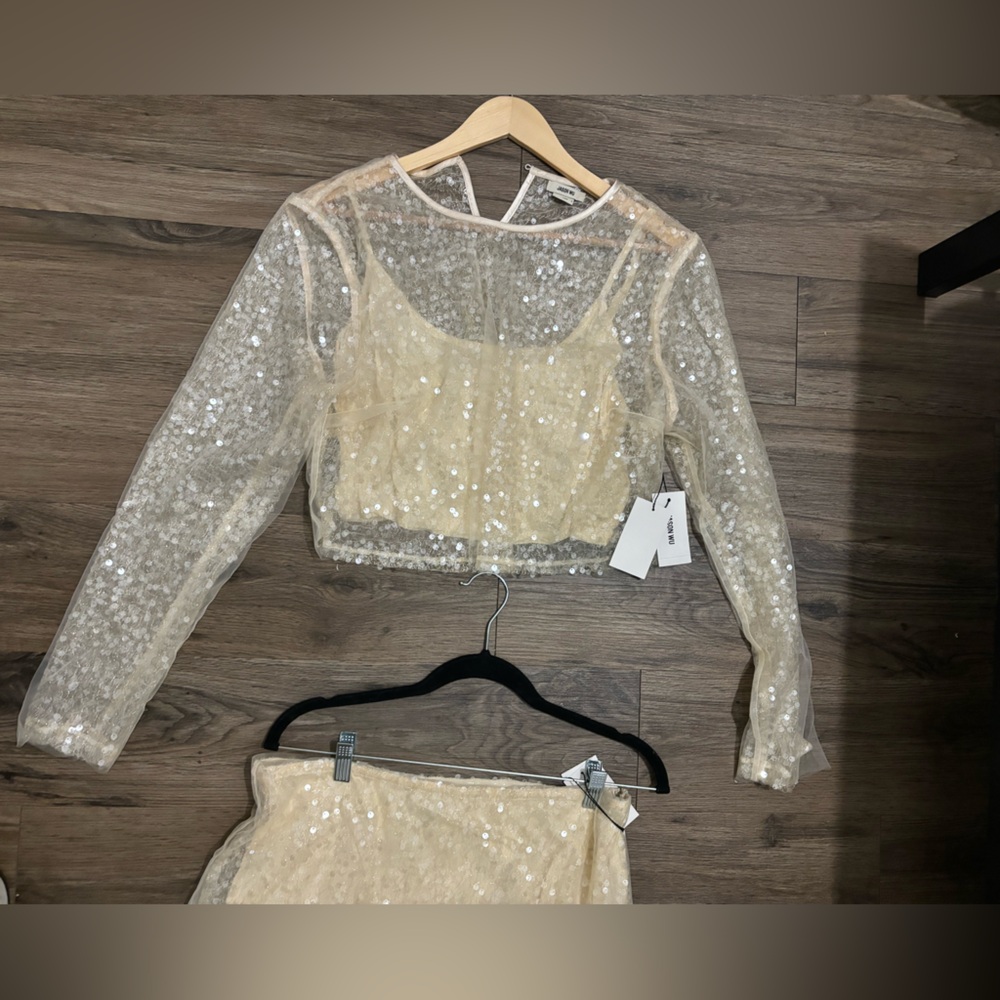 JASON WU Cream Ivory Sheer See
Through Sequin long sleeve top